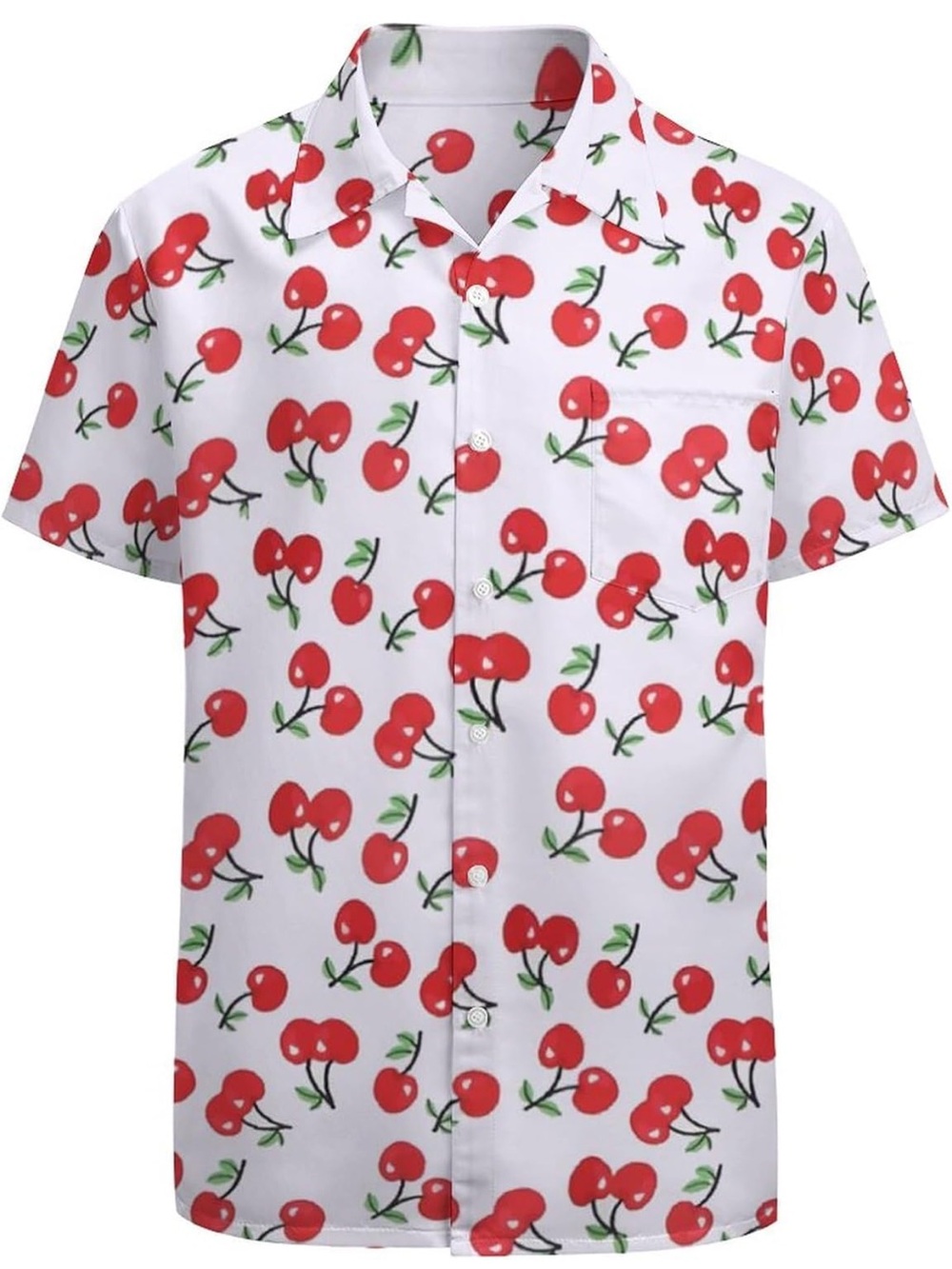 Men's White Short-Sleeve Cherry Print Button-Up Shirt